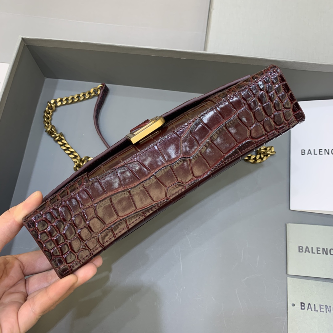 Balenciaga Big Hourglass Wallet With Chain Crocodile Embossed Shoulder Bag Coffee